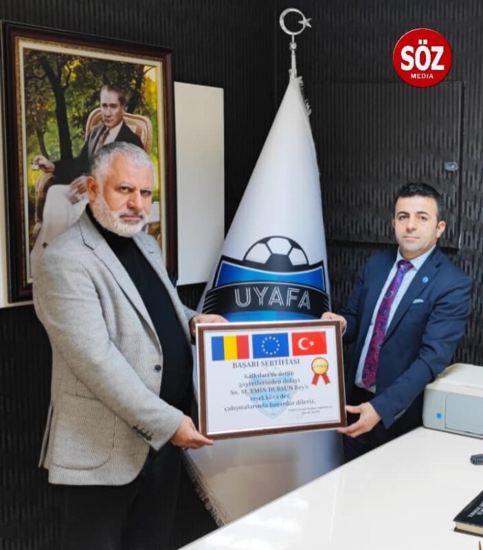 Genel başkan Vekili  Romanya’dan Necati Alçik ,UYAFA Marmara bölge başkanı Mehmet Emin Dursun’a Başarı belgesi verdi